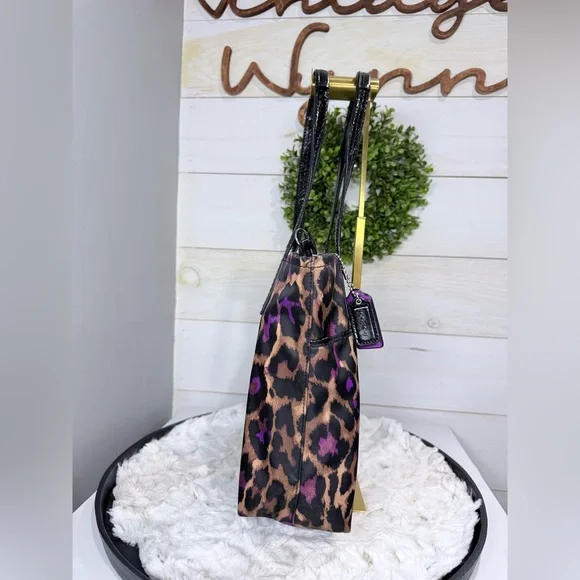 Coach F25282 Purple Ocelot Nylon Tote with Patent Leather Trim Shoulder Bag - Picture 6 of 17